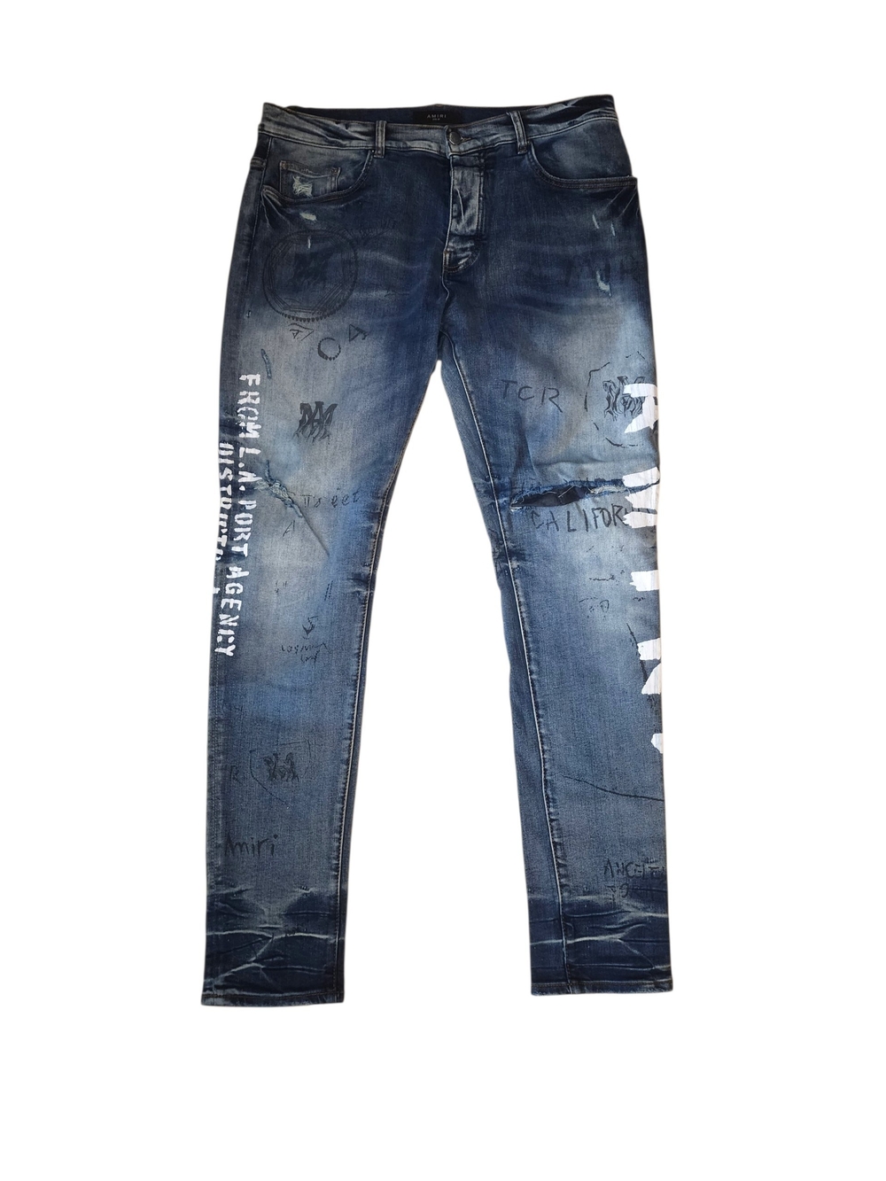 AMIRI Distressed Dark Blue Slim Straight Jeans with White Graphics